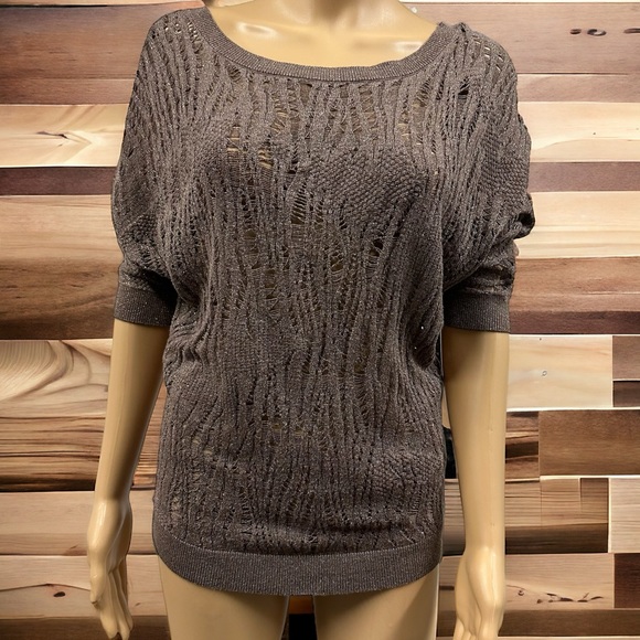 Express Brown Metallic Glitter Shimmer Knit Batwing Short Sleeve Top Womens S - Picture 12 of 12